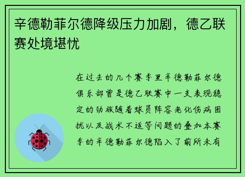 辛德勒菲尔德降级压力加剧，德乙联赛处境堪忧